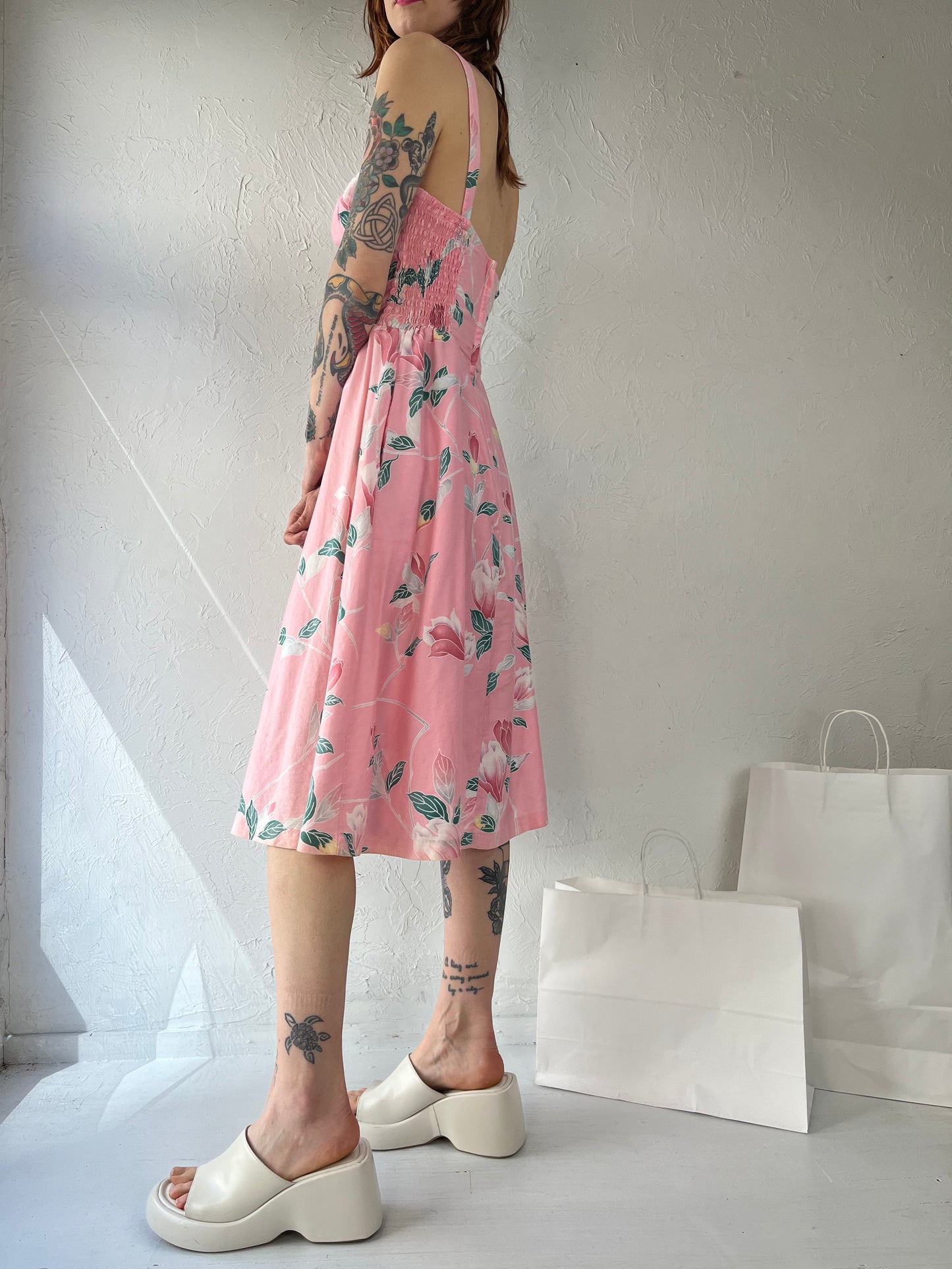 80s 'Fun Fashions' Pink Floral Print A line Dress / Small