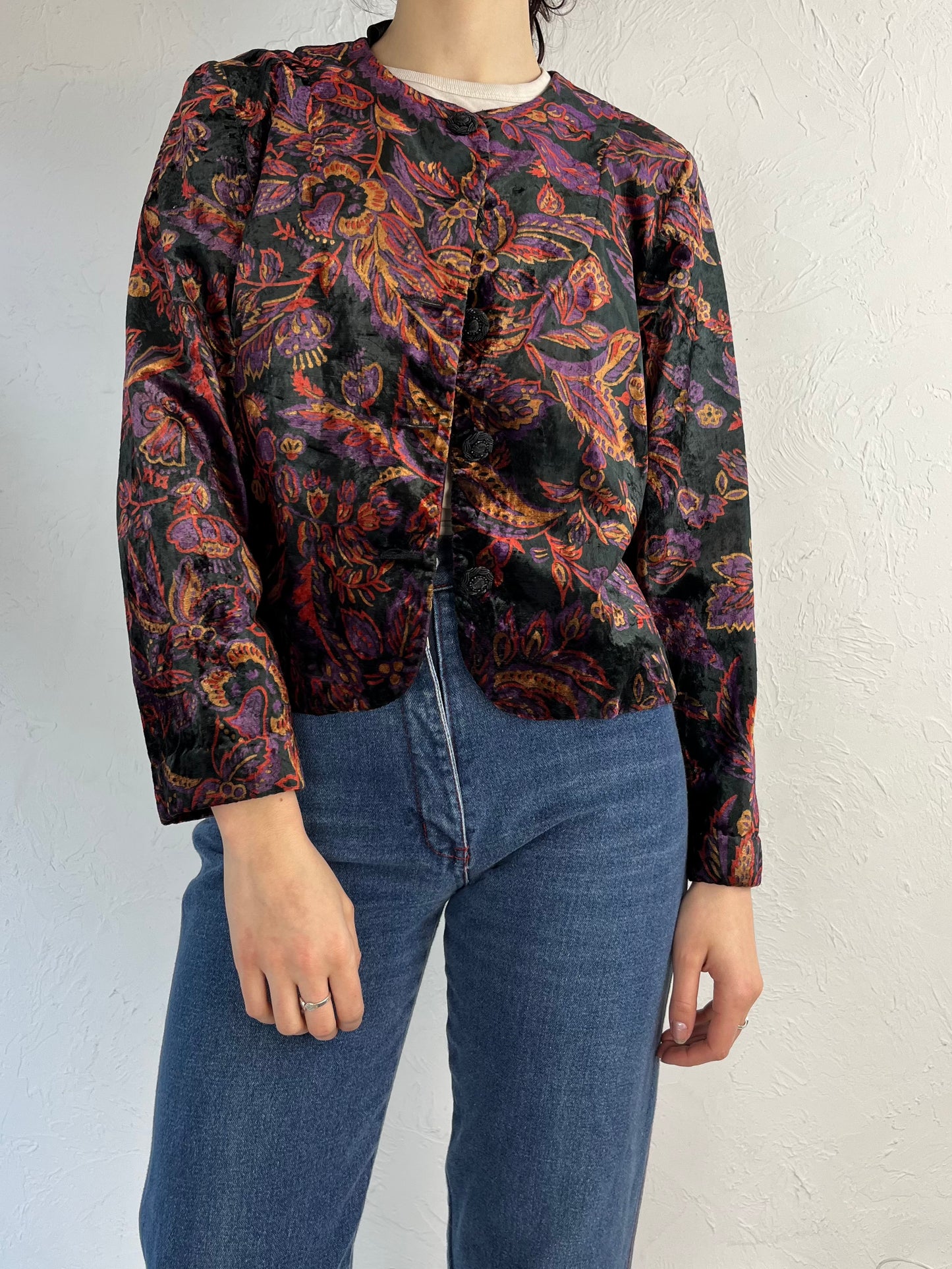 90s 'Norton McNaughton' Floral Print Velvet Jacket / Small
