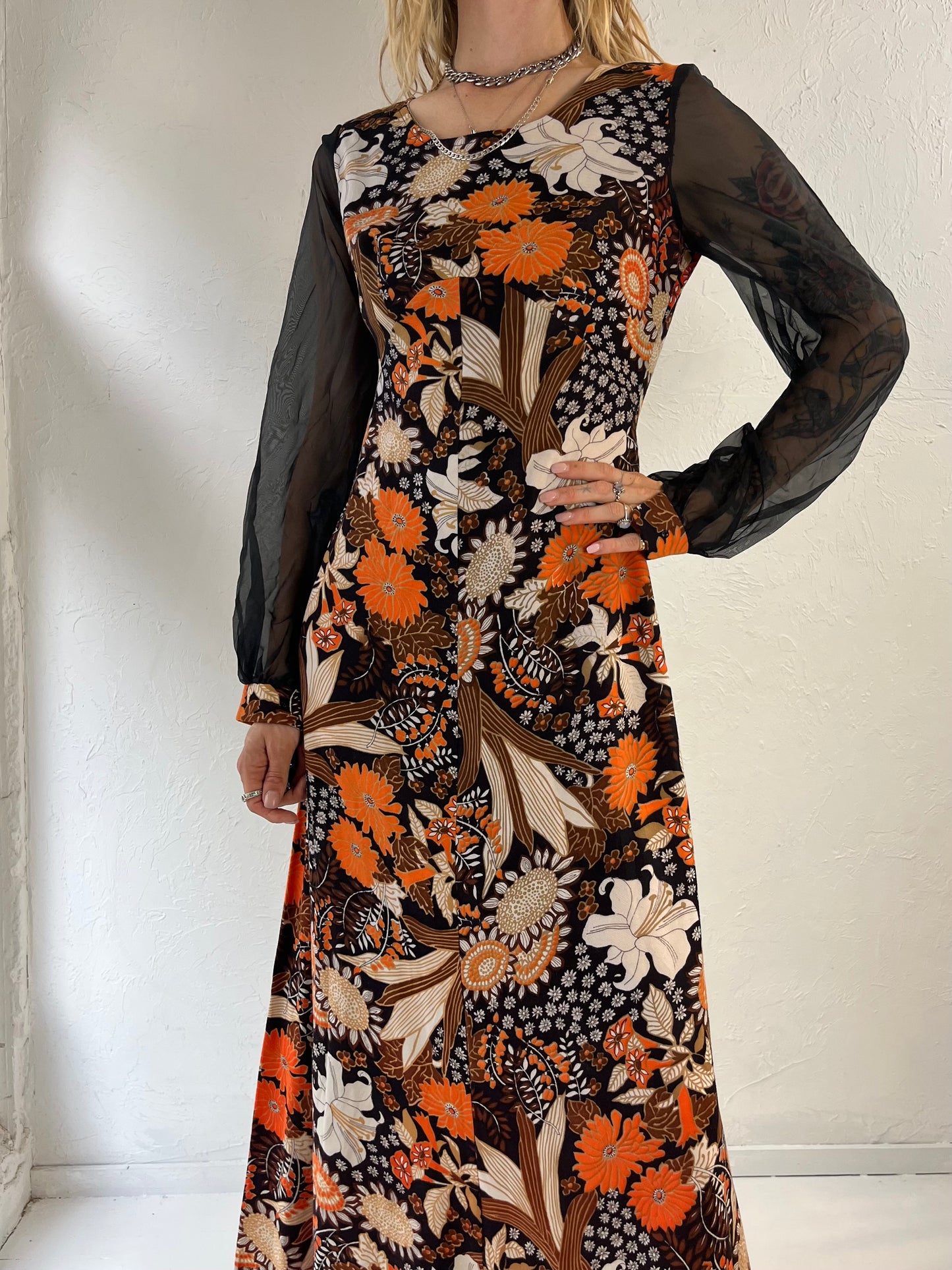 70s 'April Fashions' Floral Print Mesh Sleeve Maxi Dress / Small