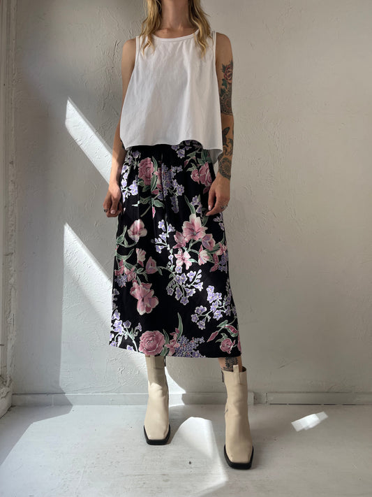 90s 'Toby' Black Floral Midi Skirt / Small