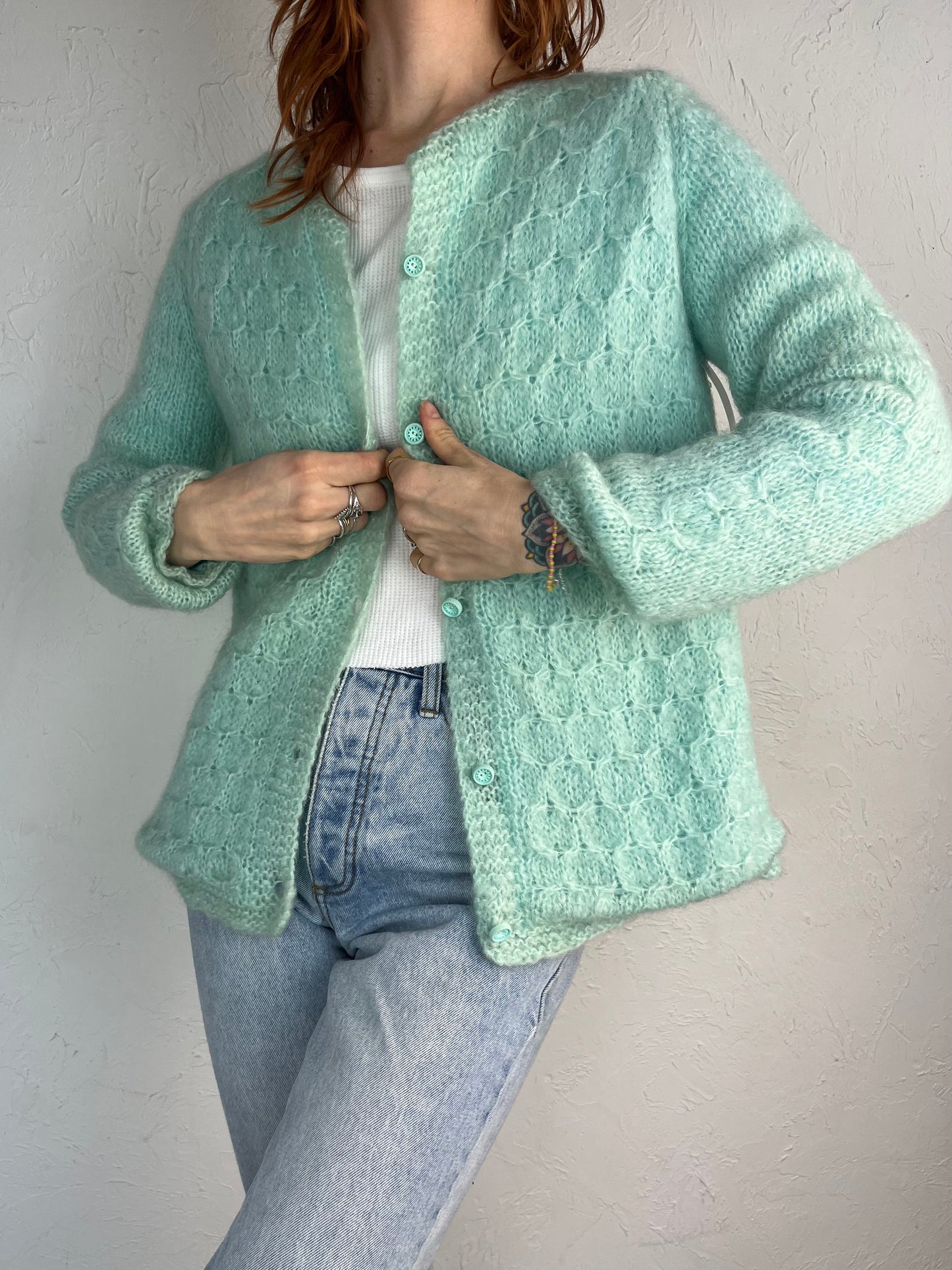 80s Handmade Teal Mohair Knit Cardigan Sweater