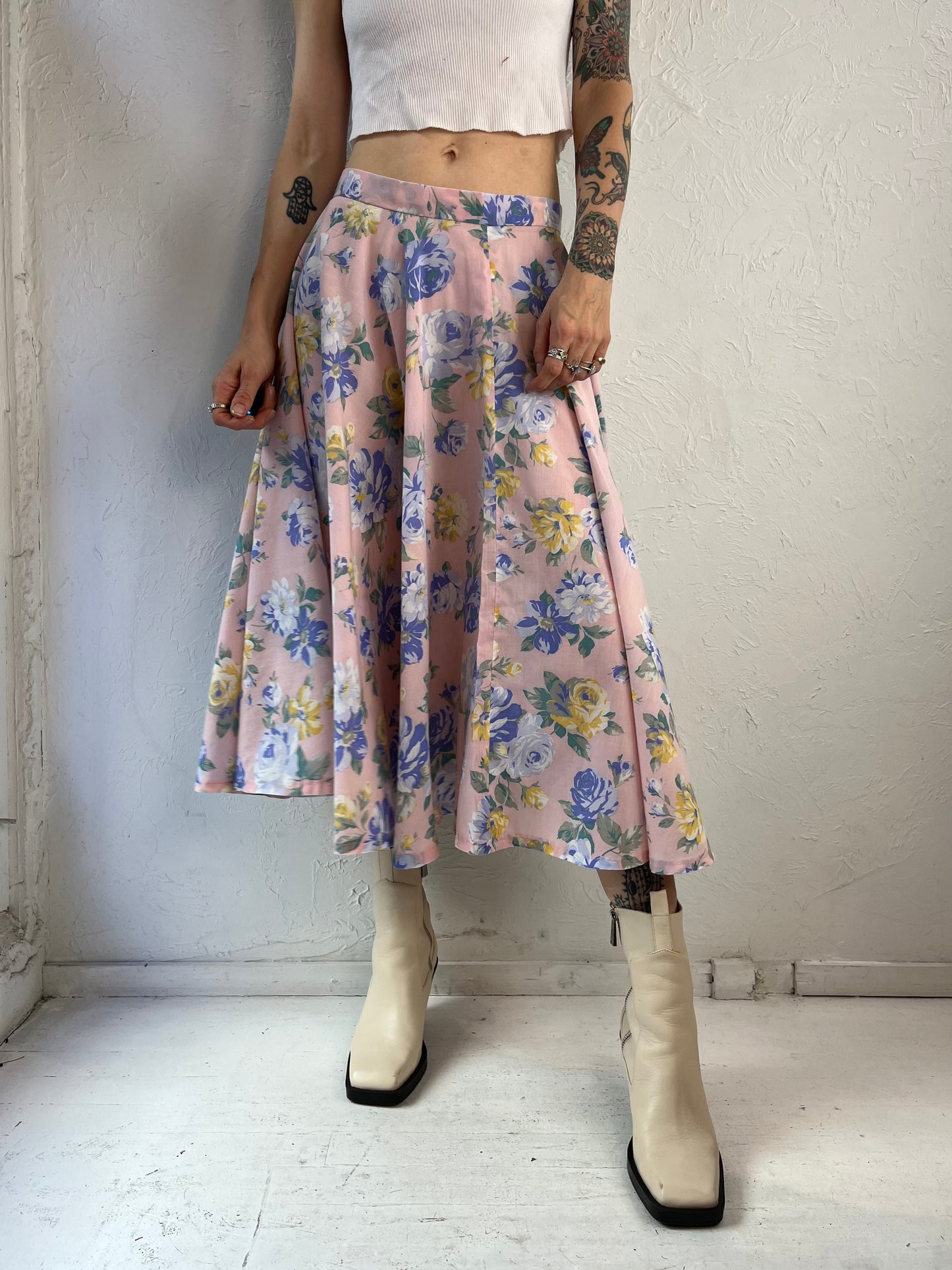 Vintage Baby Pink Cotton Floral Print Midi Length Circle Skirt / Small