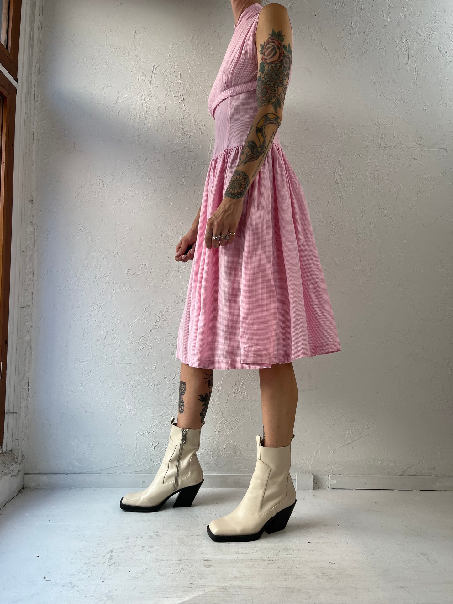 50s 60s Handmade Pink Gingham Sleeveless Dress / XS