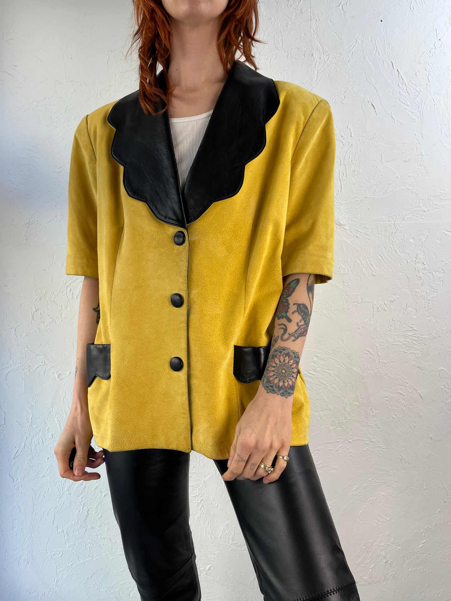 90s 'Danier' Yellow Leather Short Sleeve Jacket / Large