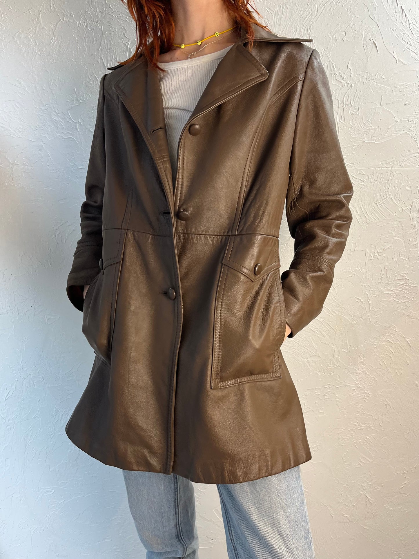 70s 80s 'Marquis' Brown Leather Half Trench Jacket / Medium