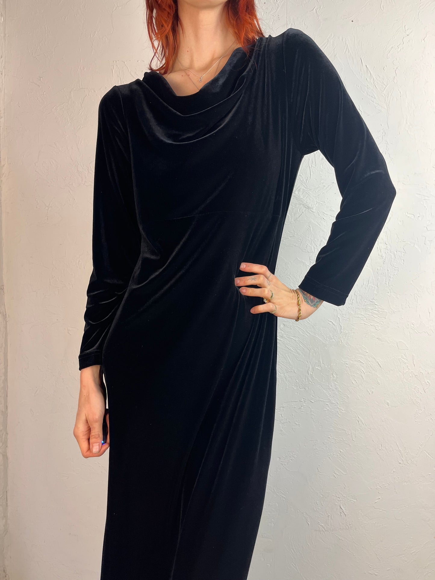 90s 'Kathie Lee' Black Velvet Long Sleeve Dress / Small