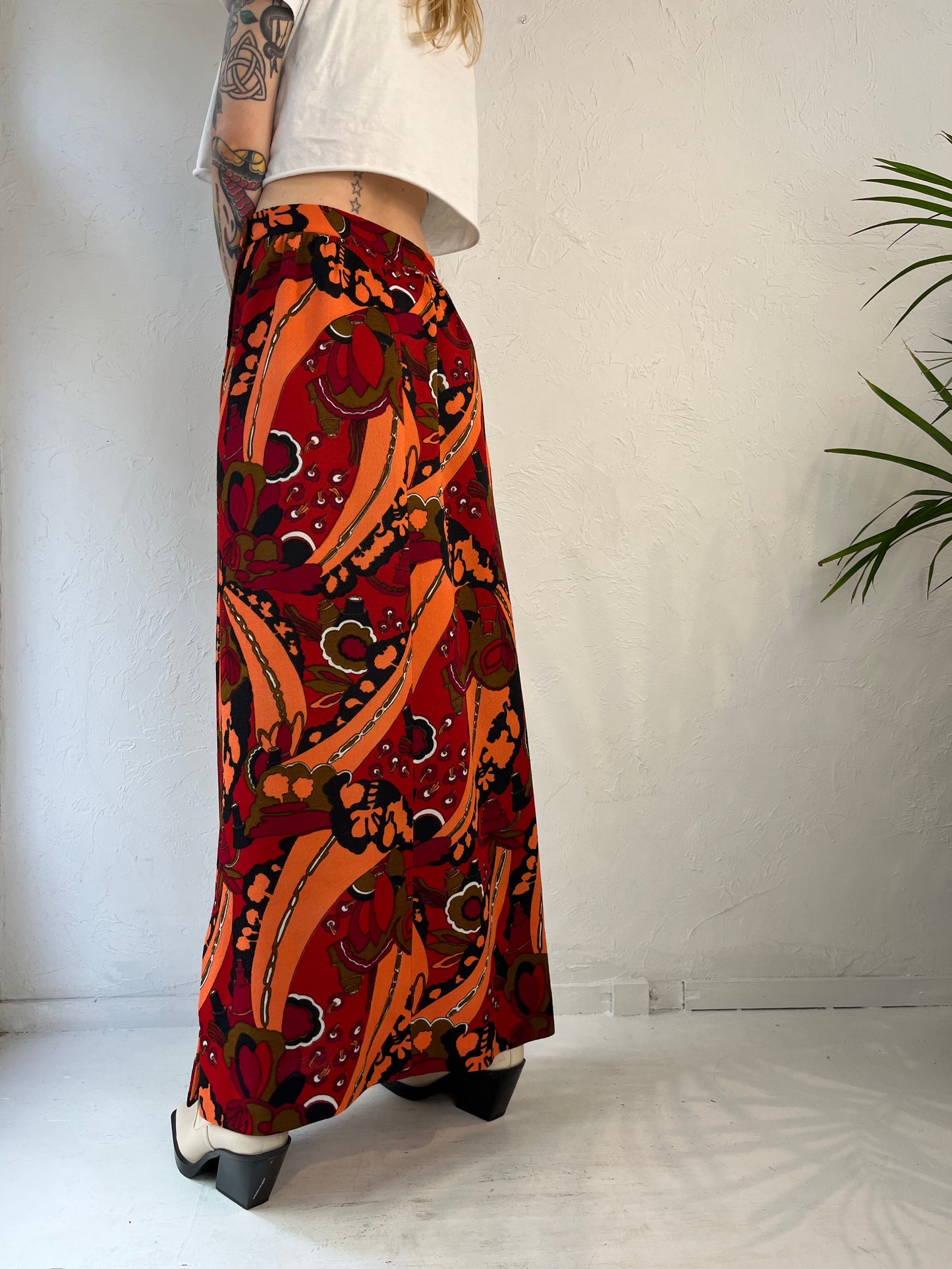 70s Orange Retro Print Midi Skirt / Small