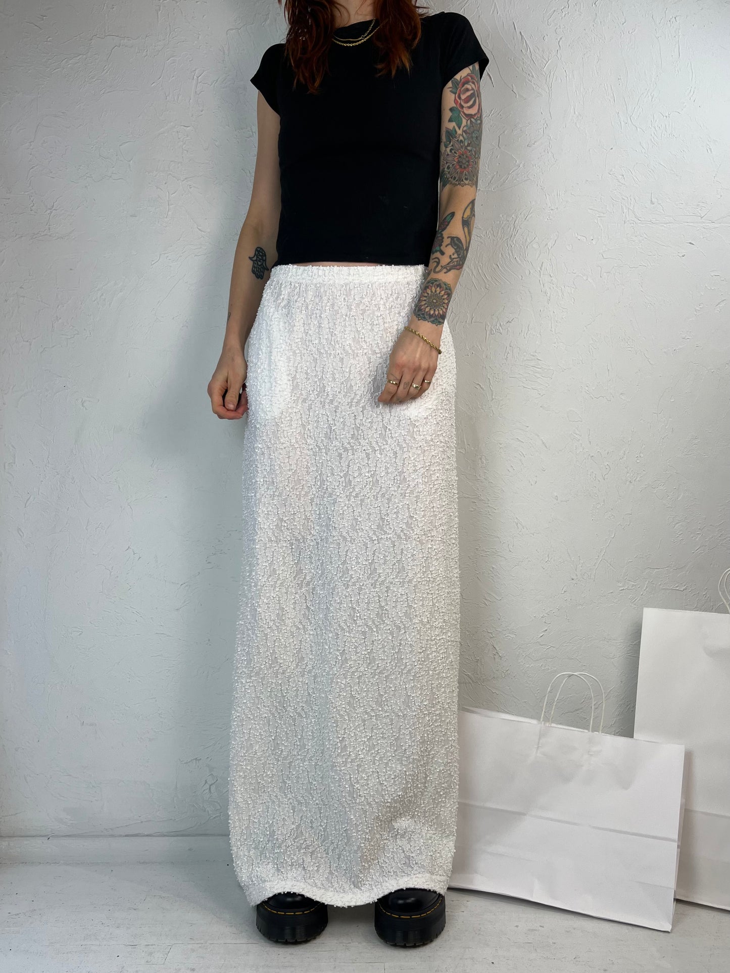 90s 'Dresses in White' Texted Nylon Midi Skirt / Small