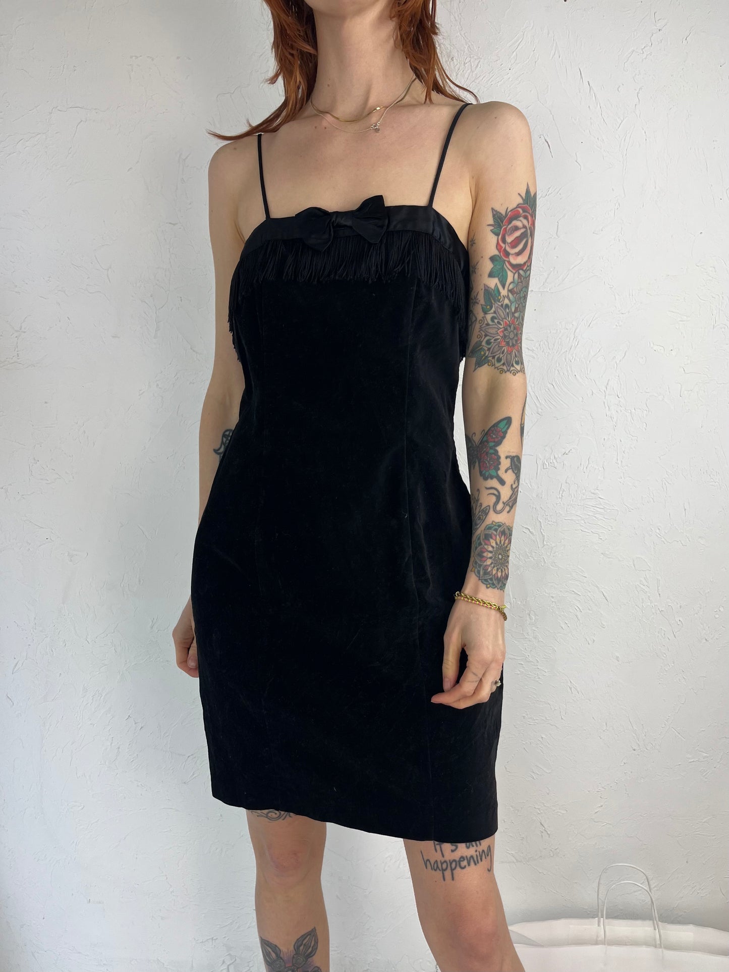 90s 'Le Chateau' Black Velvet Fringe Mini Dress / 5