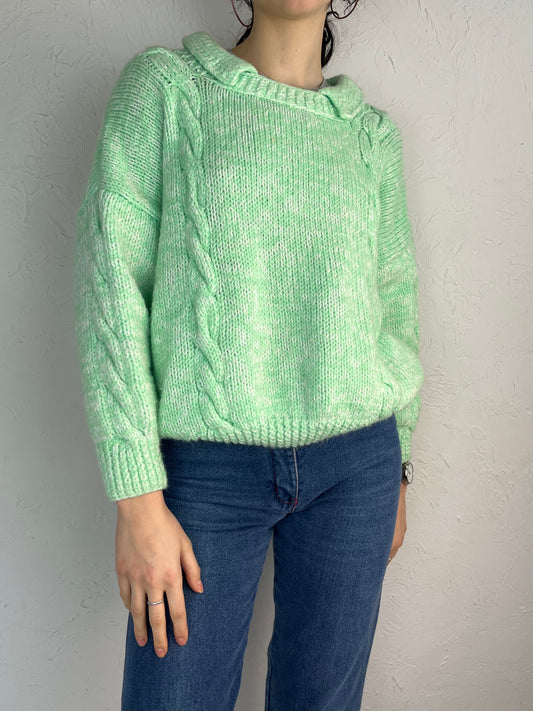 80s Handmade Mint Green Cable Knit Crew Neck Sweater