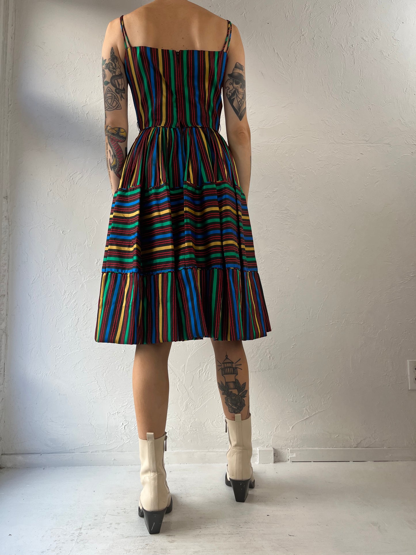 50s 60s 'Maggi Stover' Rainbow Striped Sleeveless A Line Dress / XS - Small