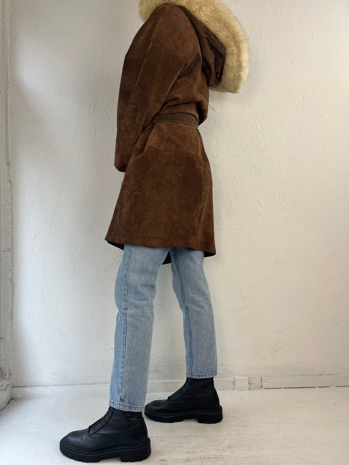 80s Brown Suede Leather Parka Coat / Medium