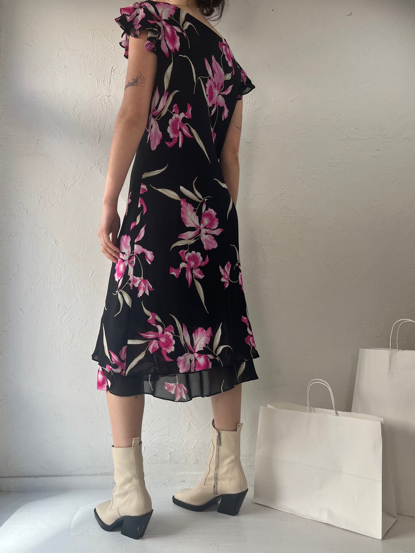 90s 'Jolibel' Black and Pink Floral Print Rayon Midi Dress / Medium