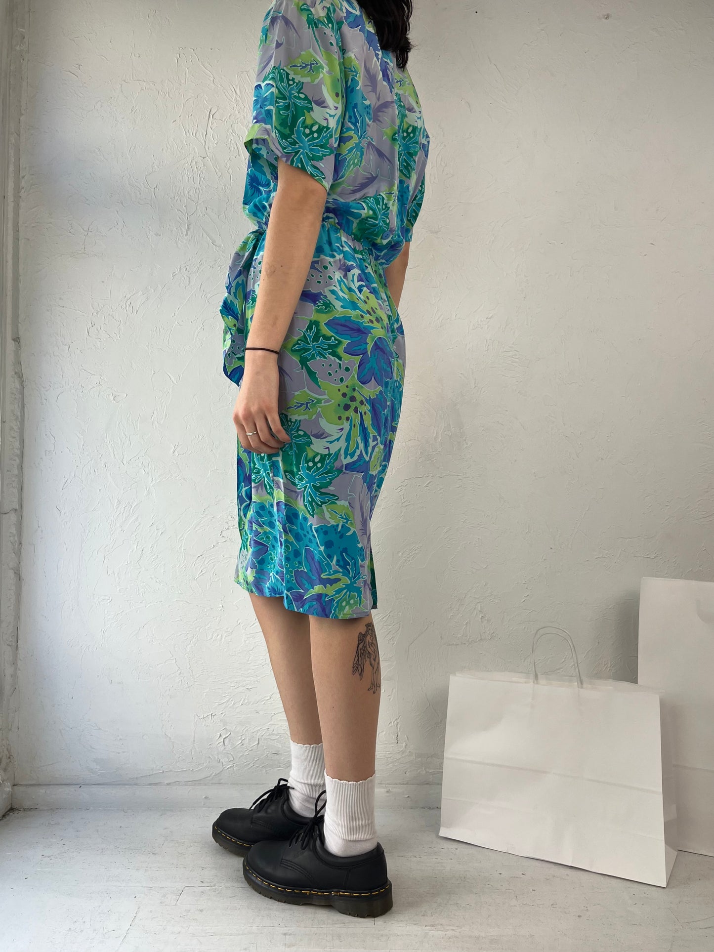 90s 'Maggy London' Blue Floral Print Silk Dress / Small