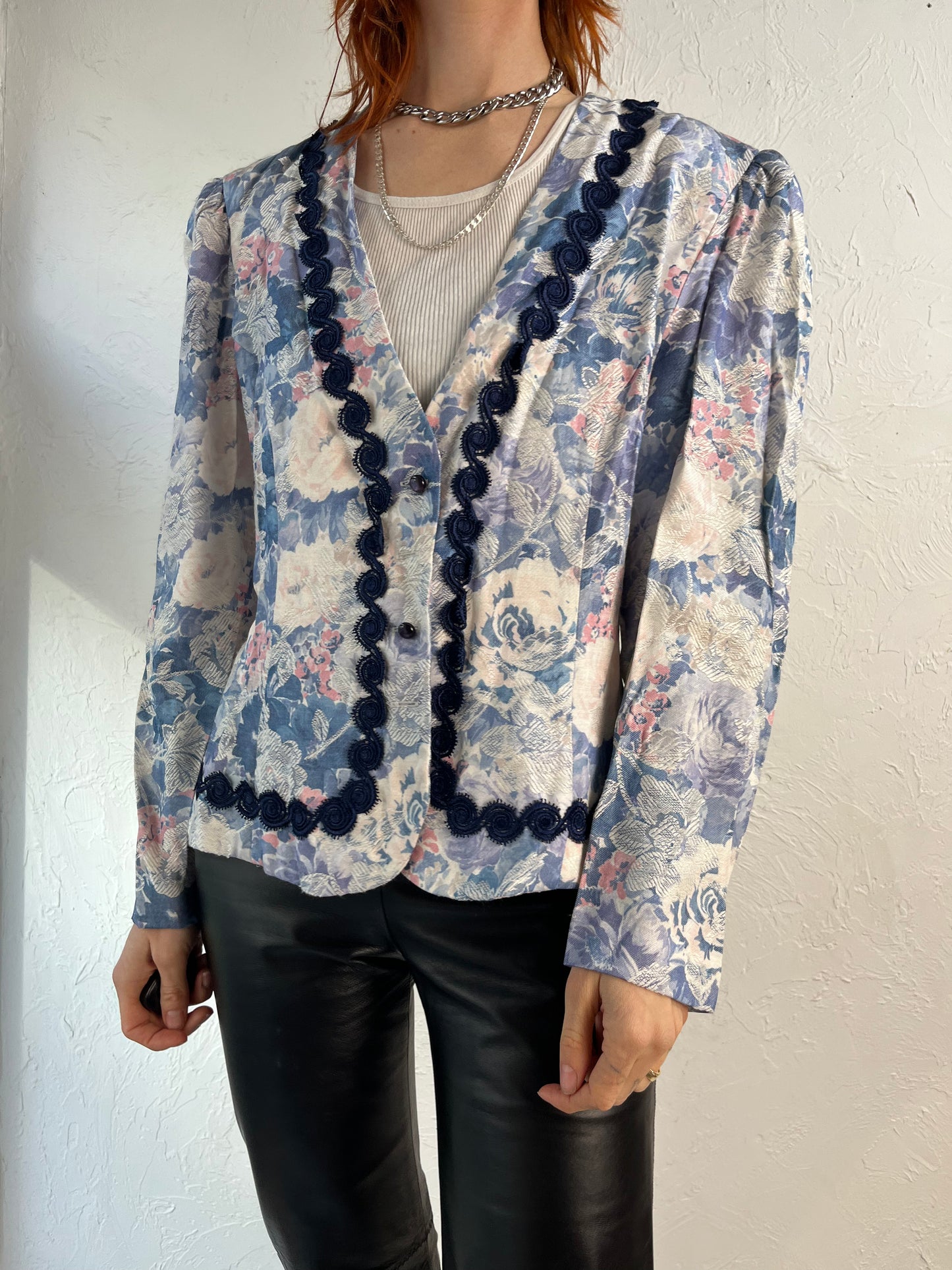 80s 'Silhouettes' Pastel Floral Print Blazer Jacket / Medium
