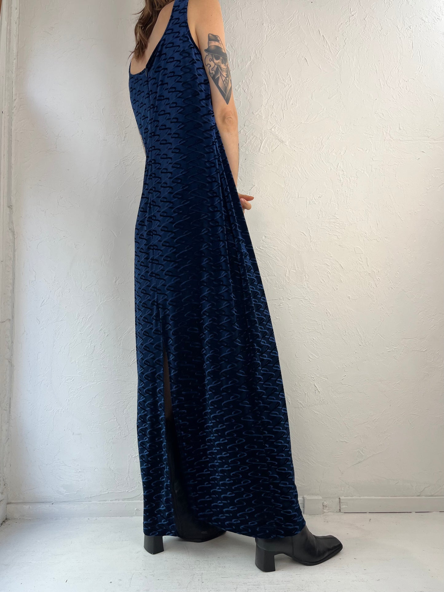 90s 'Jessica' Blue Crushed Velvet Evening Dress / 14