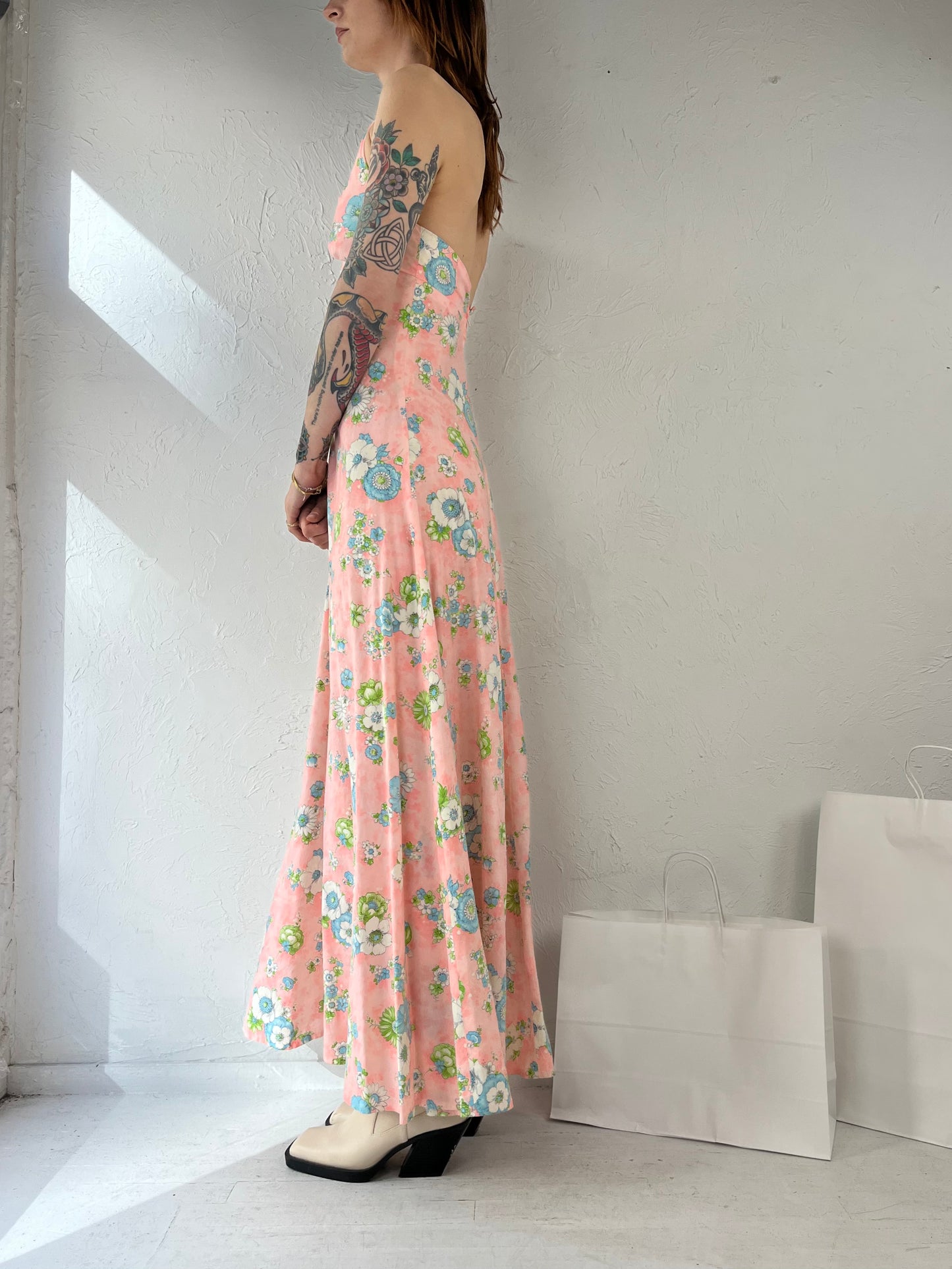 70s Pink Floral Print Halter Dress / Small
