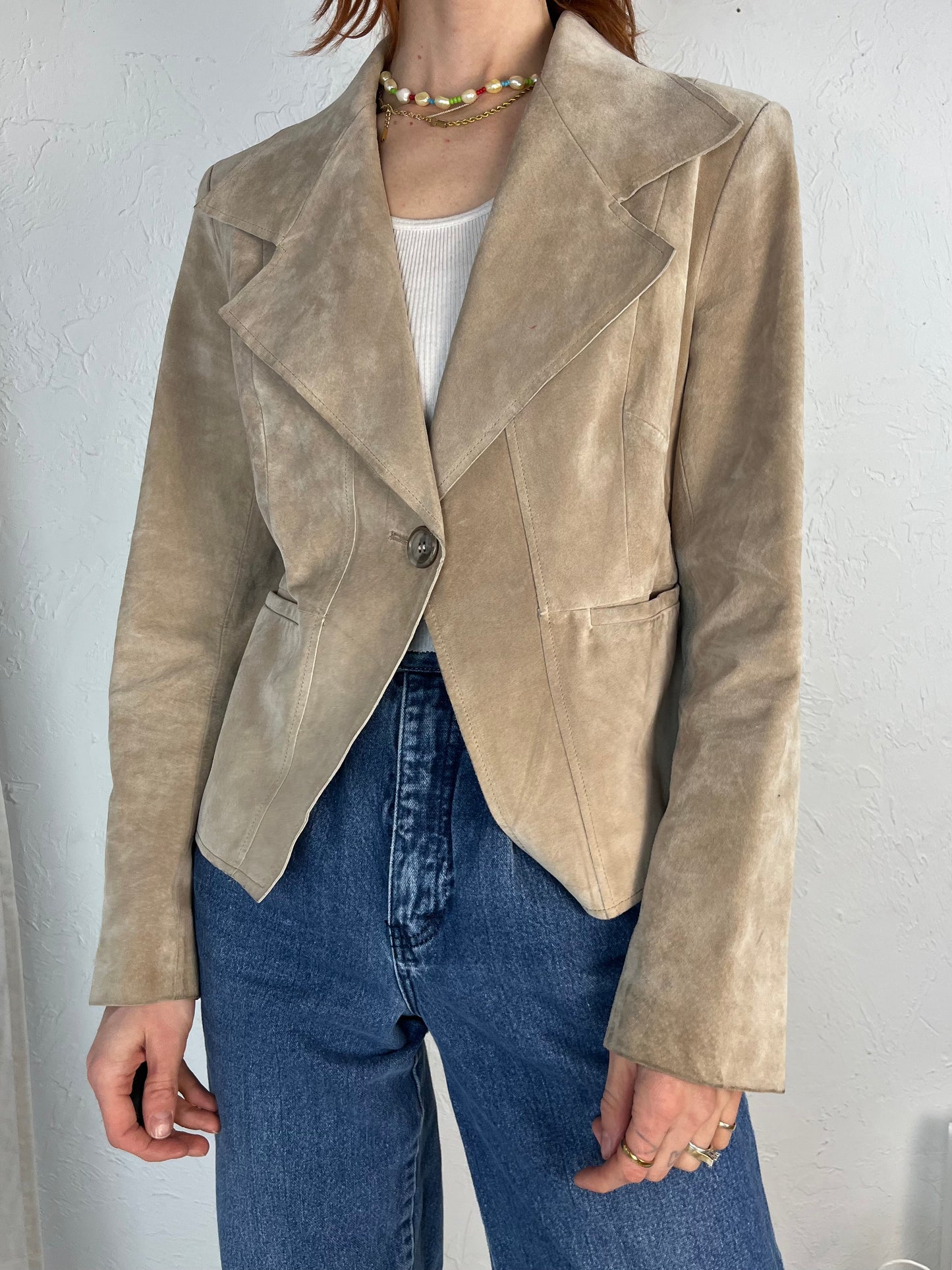 Y2k 'Anne Klein' Beige Suede Leather Blazer Jacket / Medium