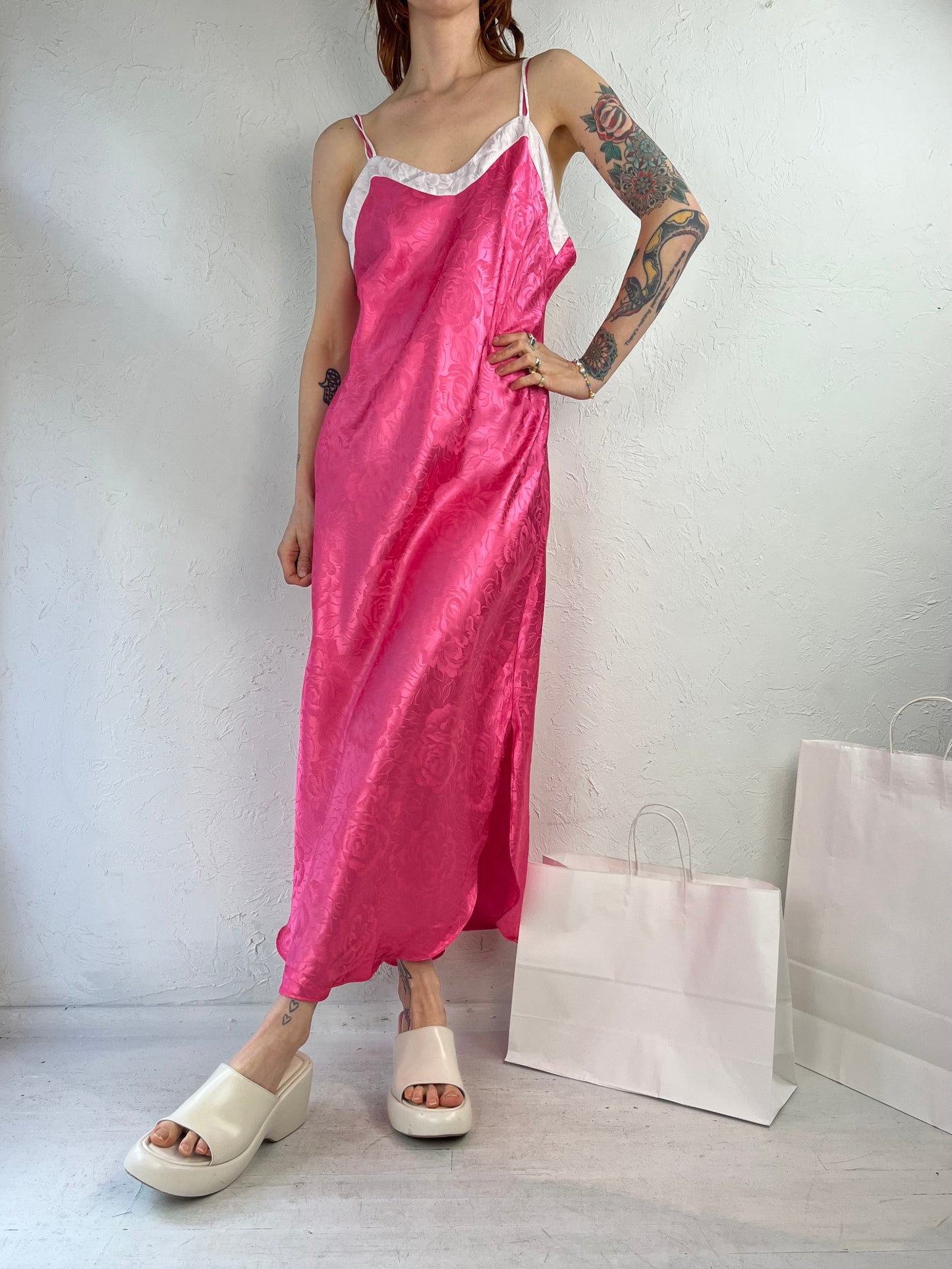90s 'Vanity Fair' Hot Pink Tank Slip Maxi Dress / Medium