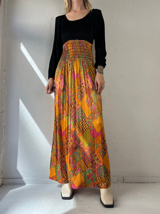 70s Black and Orange Retro Print Maxi Dress / Small