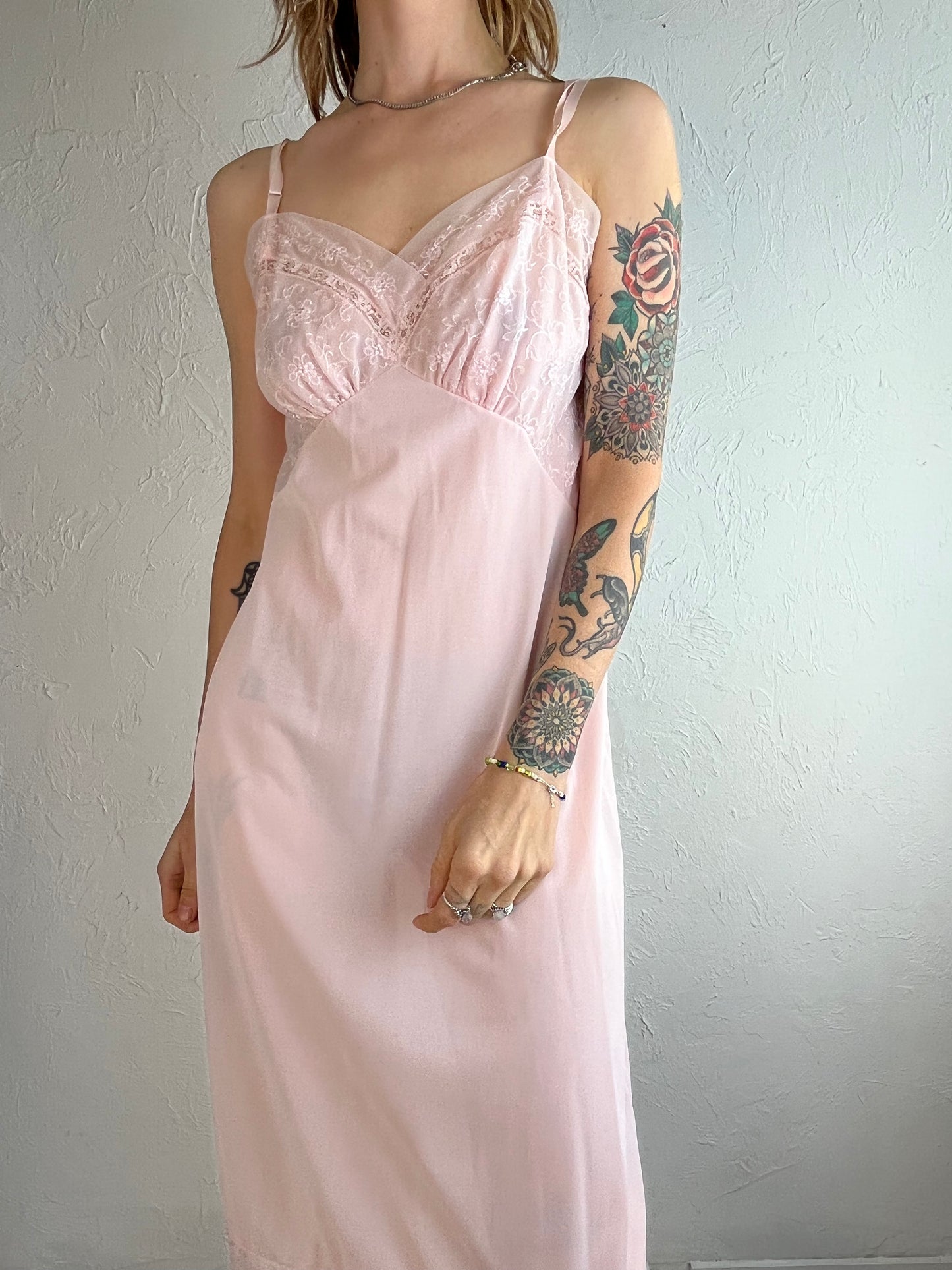 70s 80s Sheer Pink Lacey Slip Dress / Small