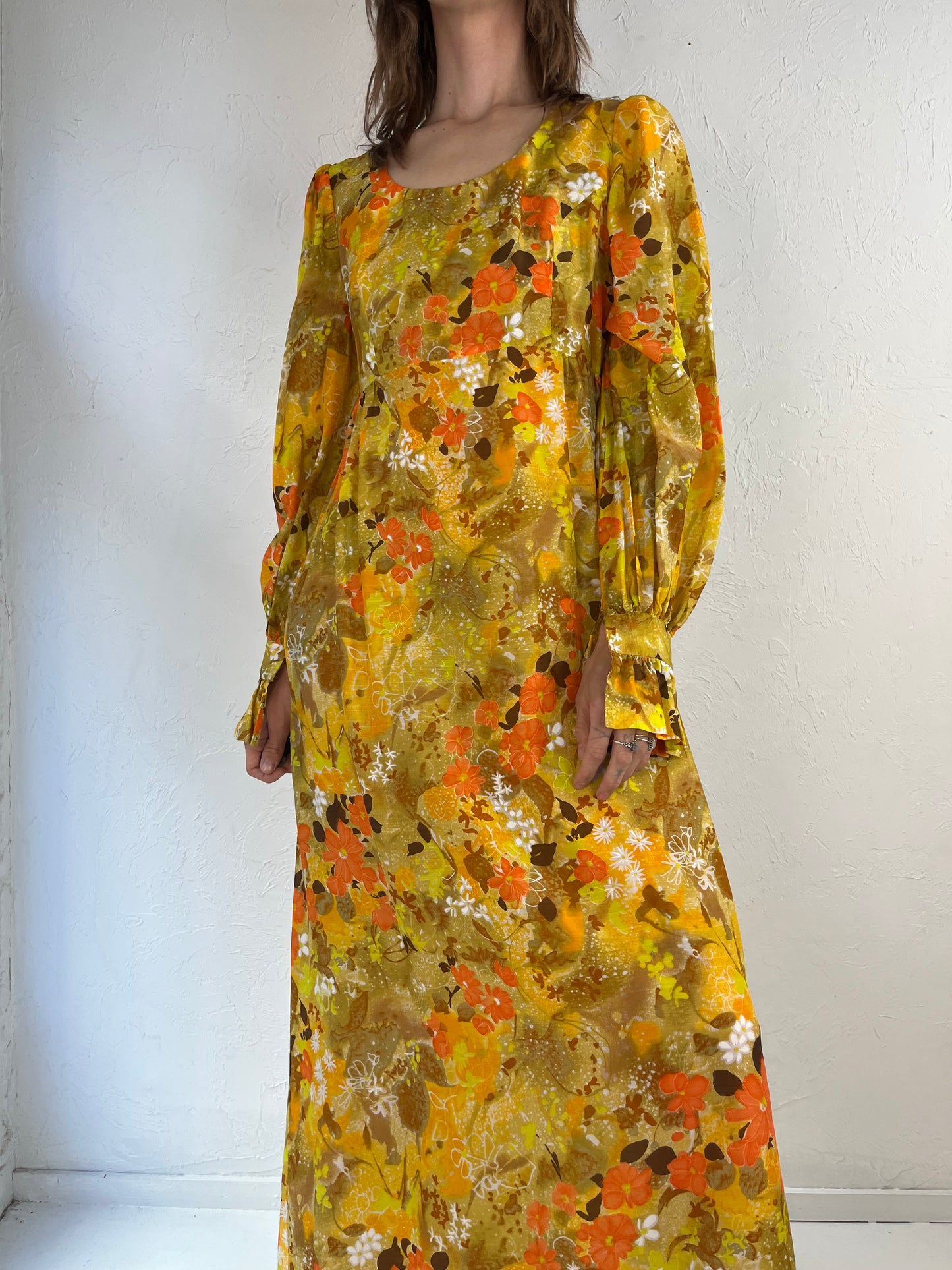 70s Orange Floral Print Long Sleeve Peasant Dress / Small