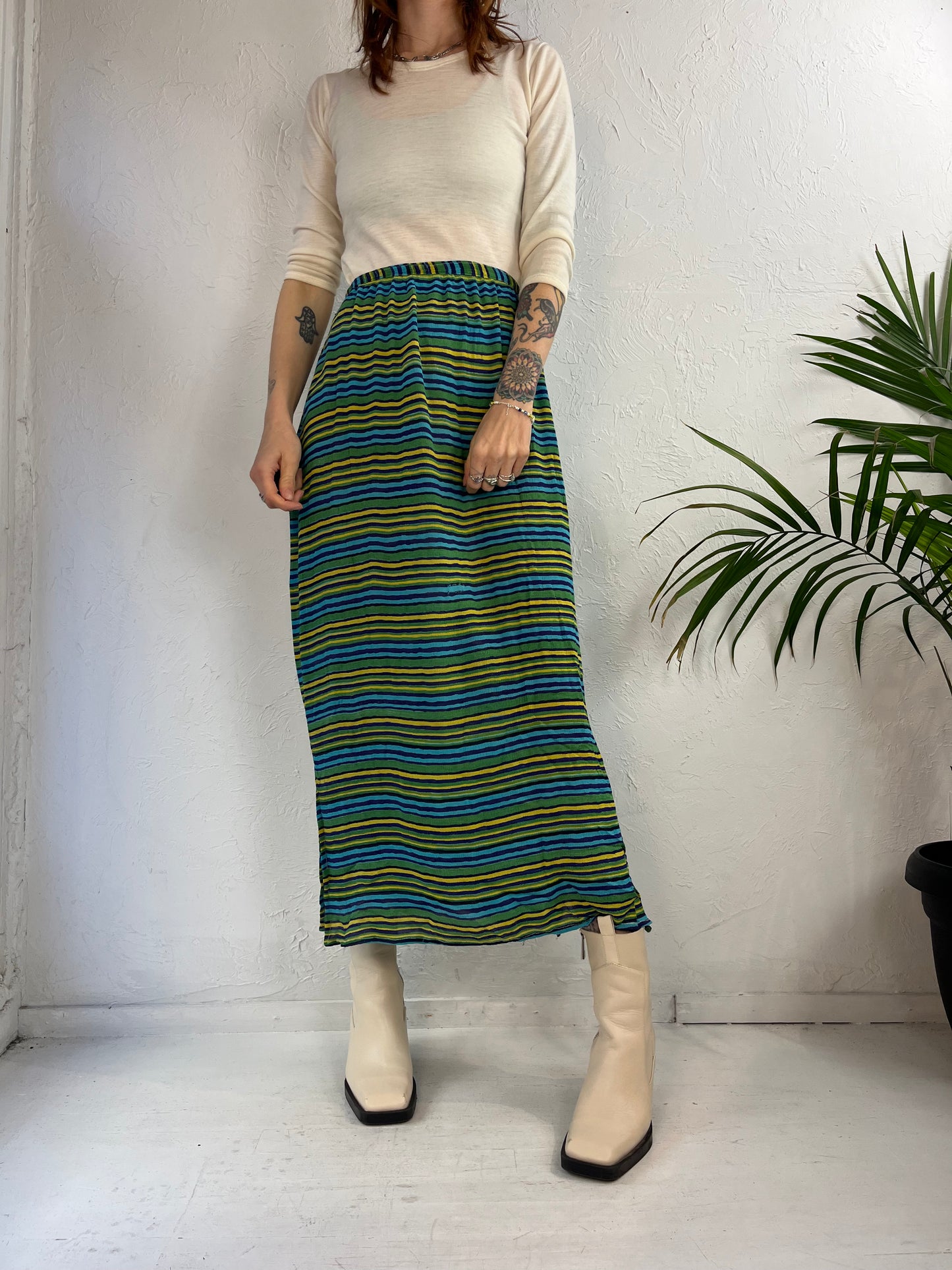 90s 'Rodeo' Green Striped Maxi Skirt / Small