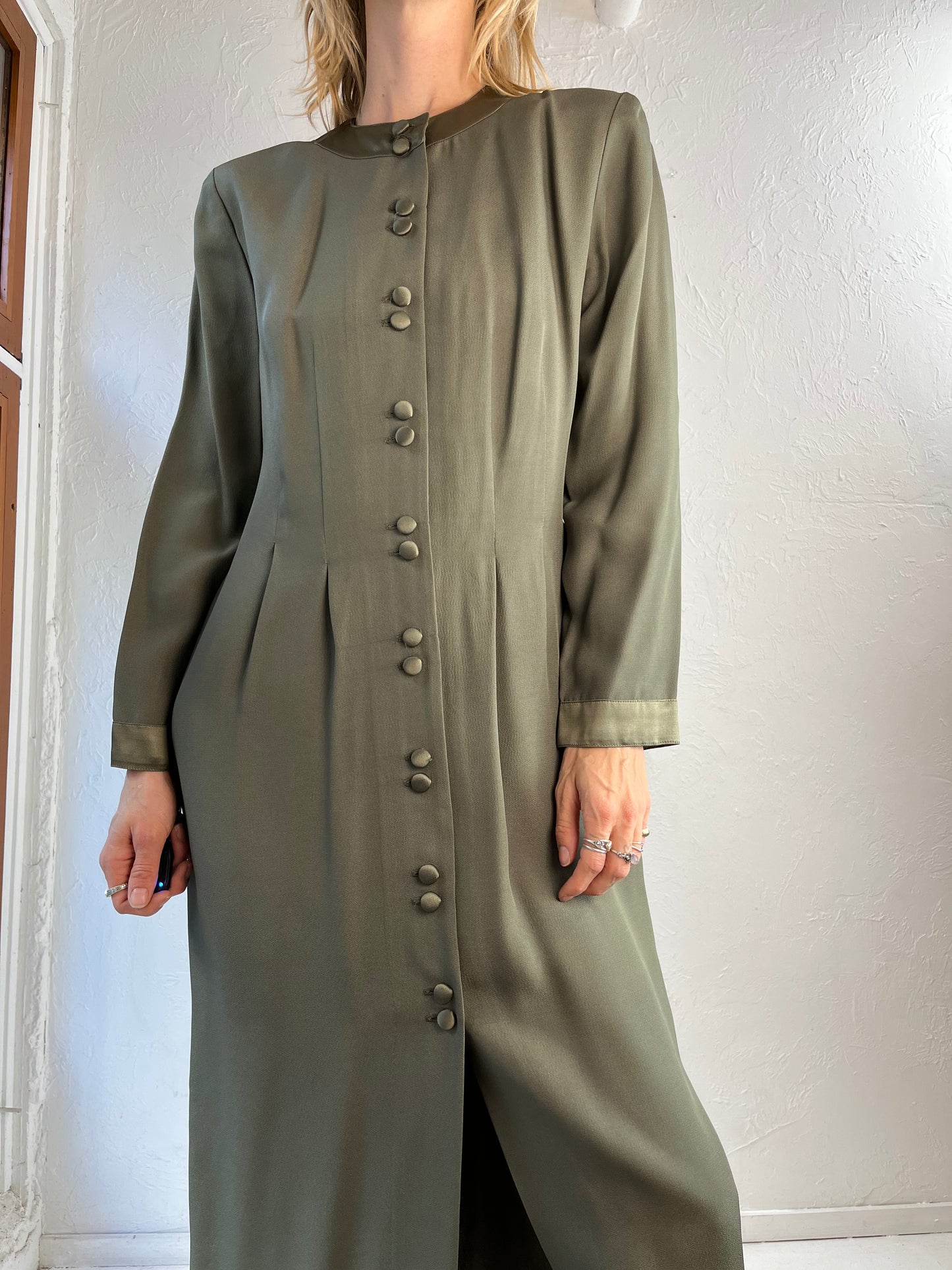 80s does 60s Olive Green Long Sleeve Button Up Shift Dress / Large