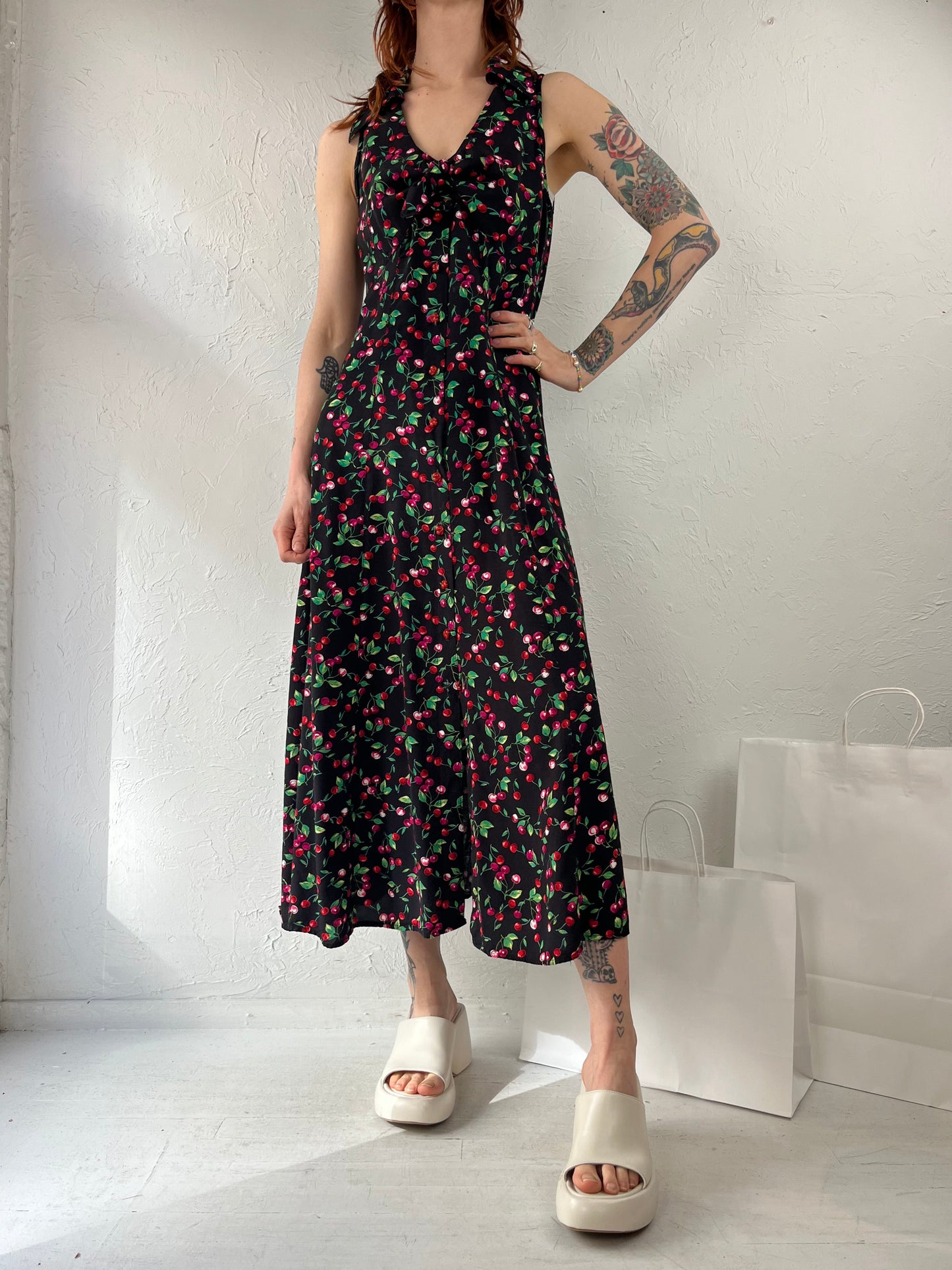 Y2k ' Robbie Bee' Cherry Print Button Up Sleeveless Maxi Dress / Small