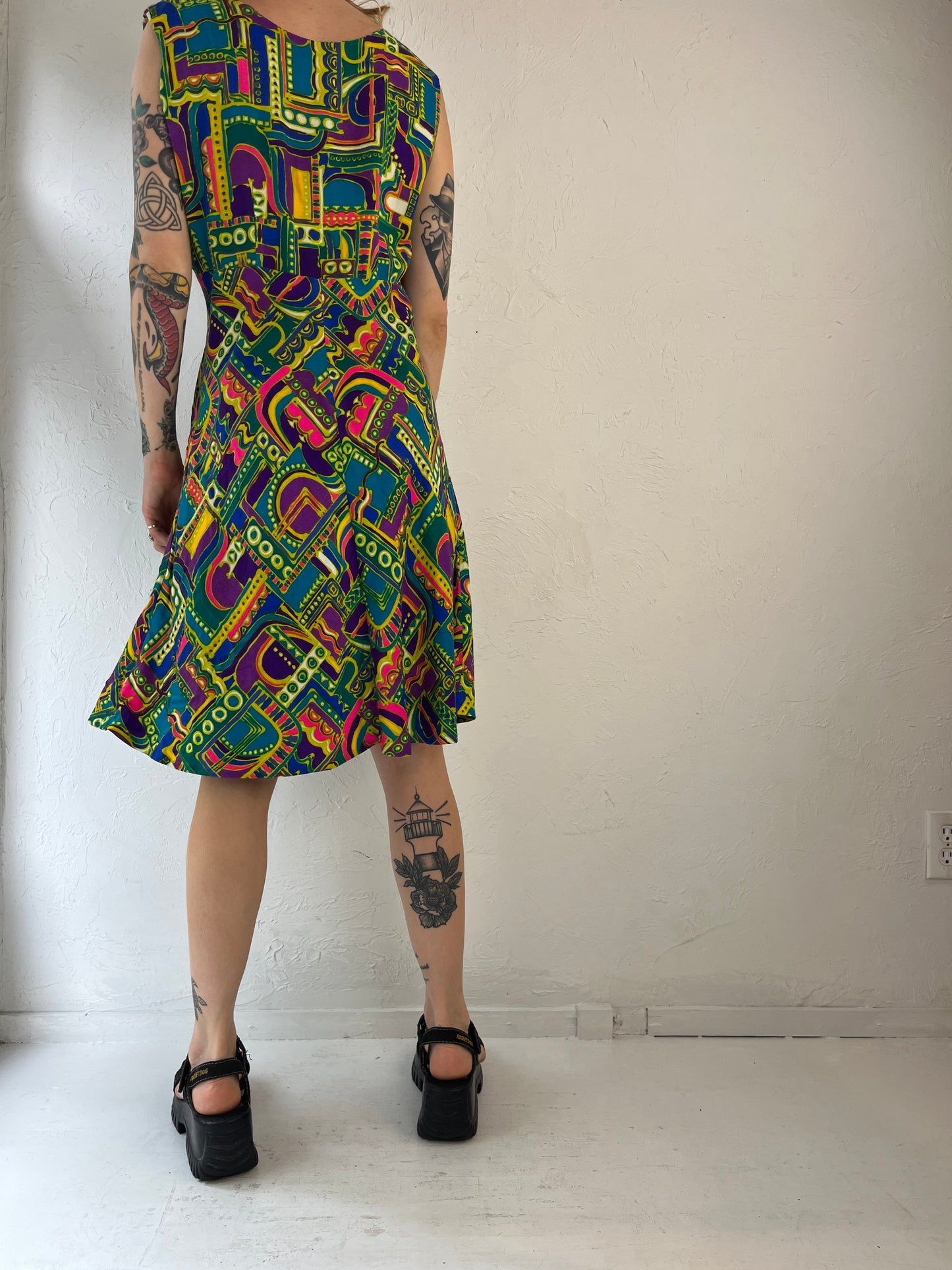 80s Jewel Tone Abstract Print Sleeveless Retro Dress / Medium