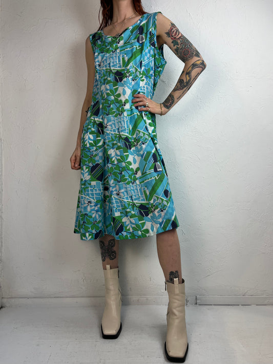70s 'Leo-Danal' Blue Green and White Floral Abstract Print Sundress / Large