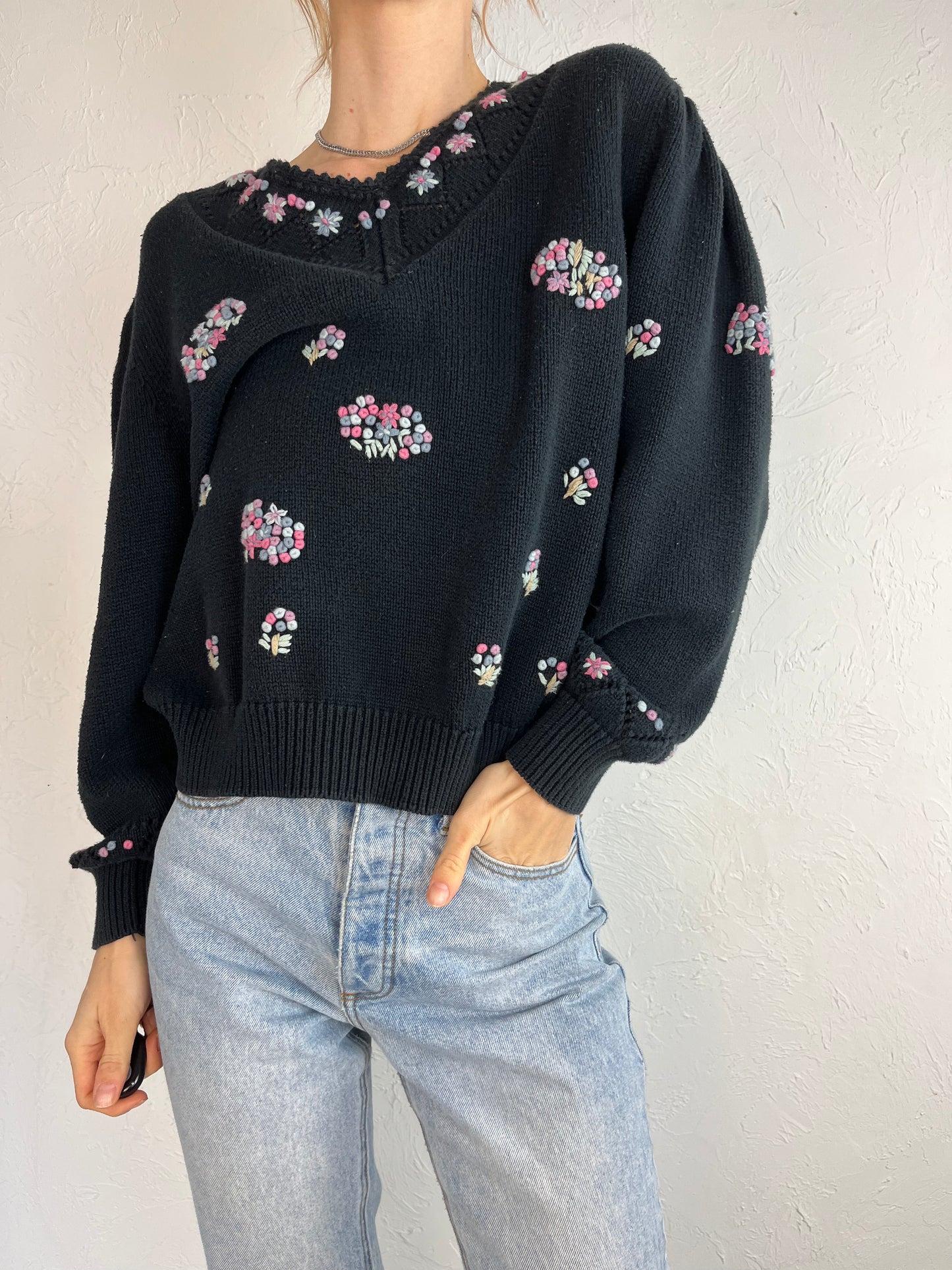 90s 'Maggie' Black Floral Cotton Knit Pullover Sweater / Large