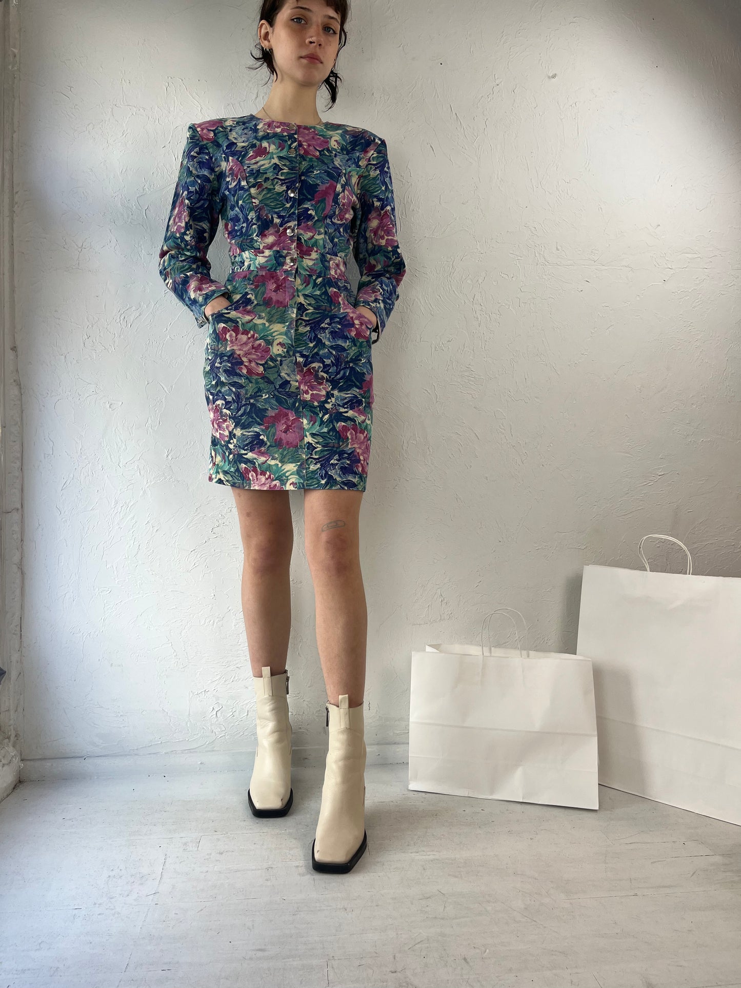 80s 'Too Darlin' Floral Print Denim Mini Dress / Small
