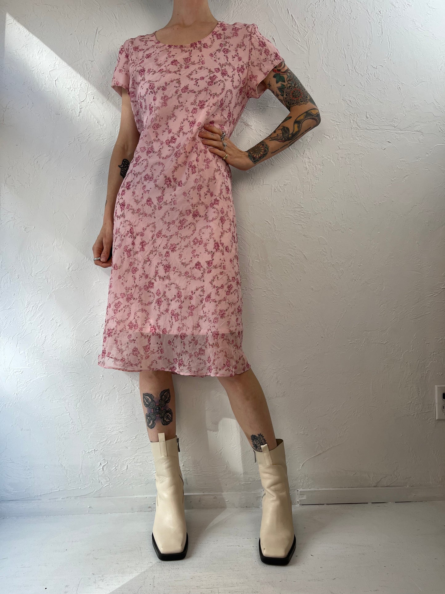 90s 'Jody' Pink Floral Print Dress / Small