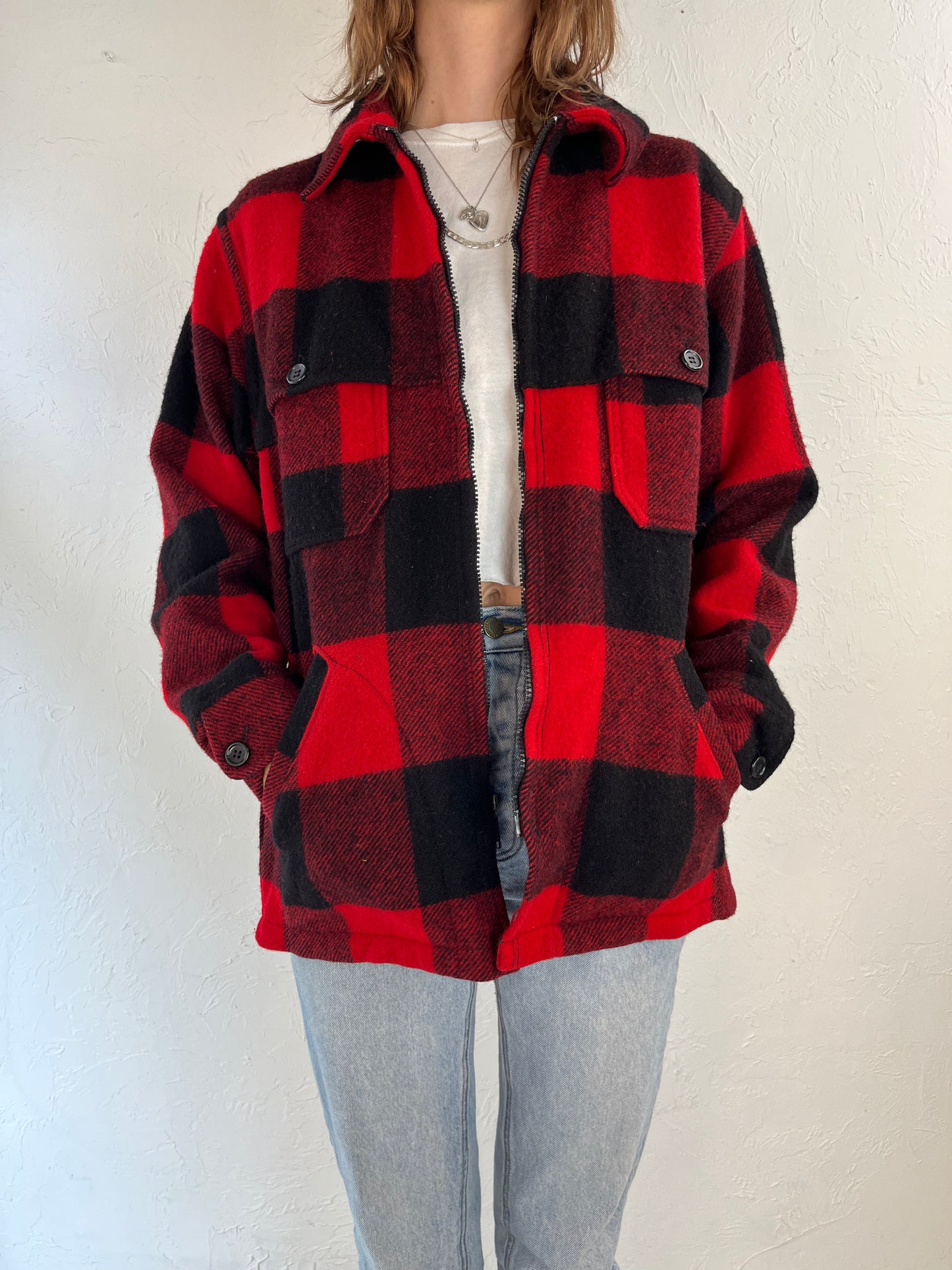 90s 'Woolrich' Red Plaid Wool Nylon Jacket / Small - Medium