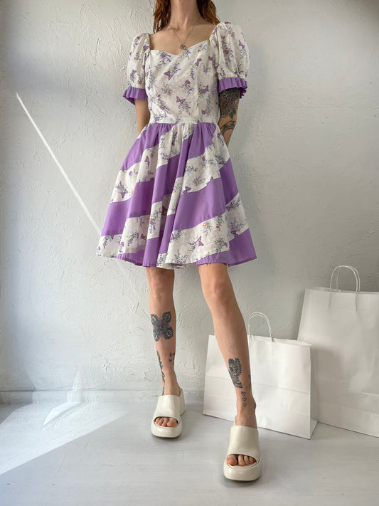 90s Handmade Purple Patchwork Mini Dress / Small