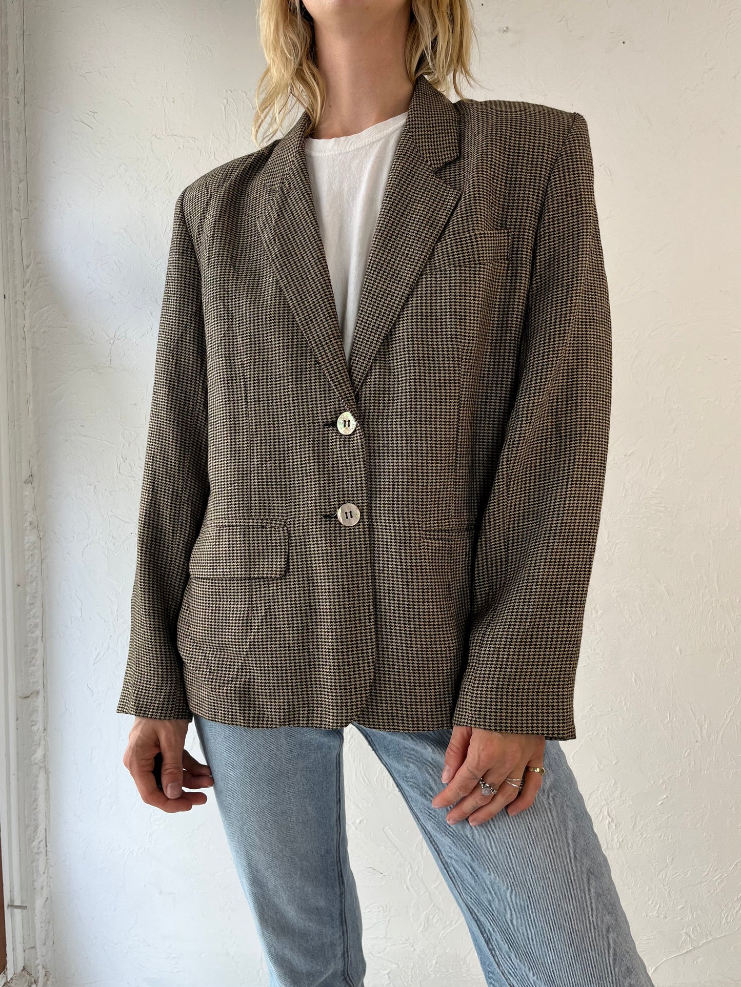 80s 'ABS' Houndstooth Rayon Blazer Jacket / Large