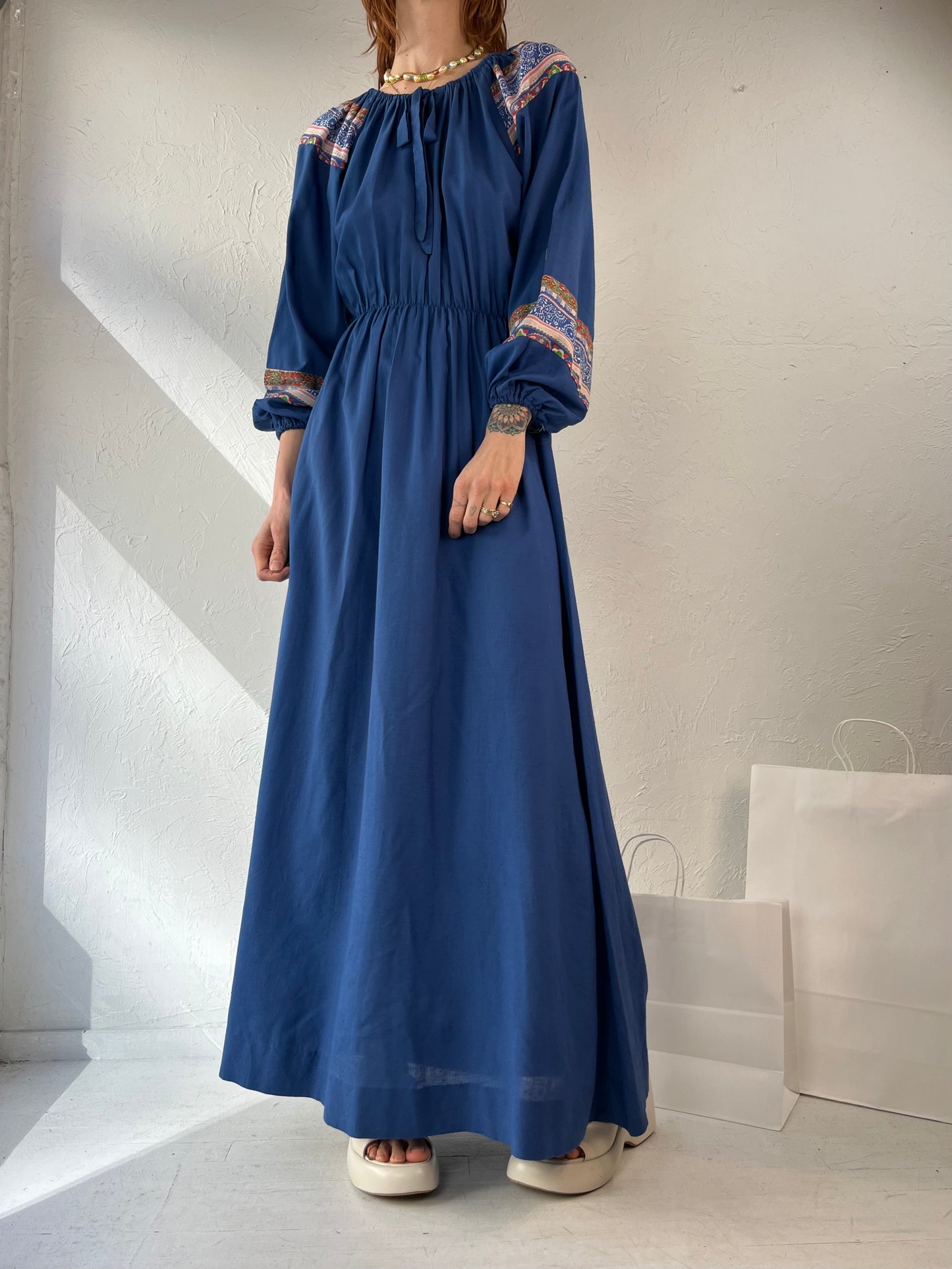 70s 80s 'French Fact' Blue Hippie Dress / Medium