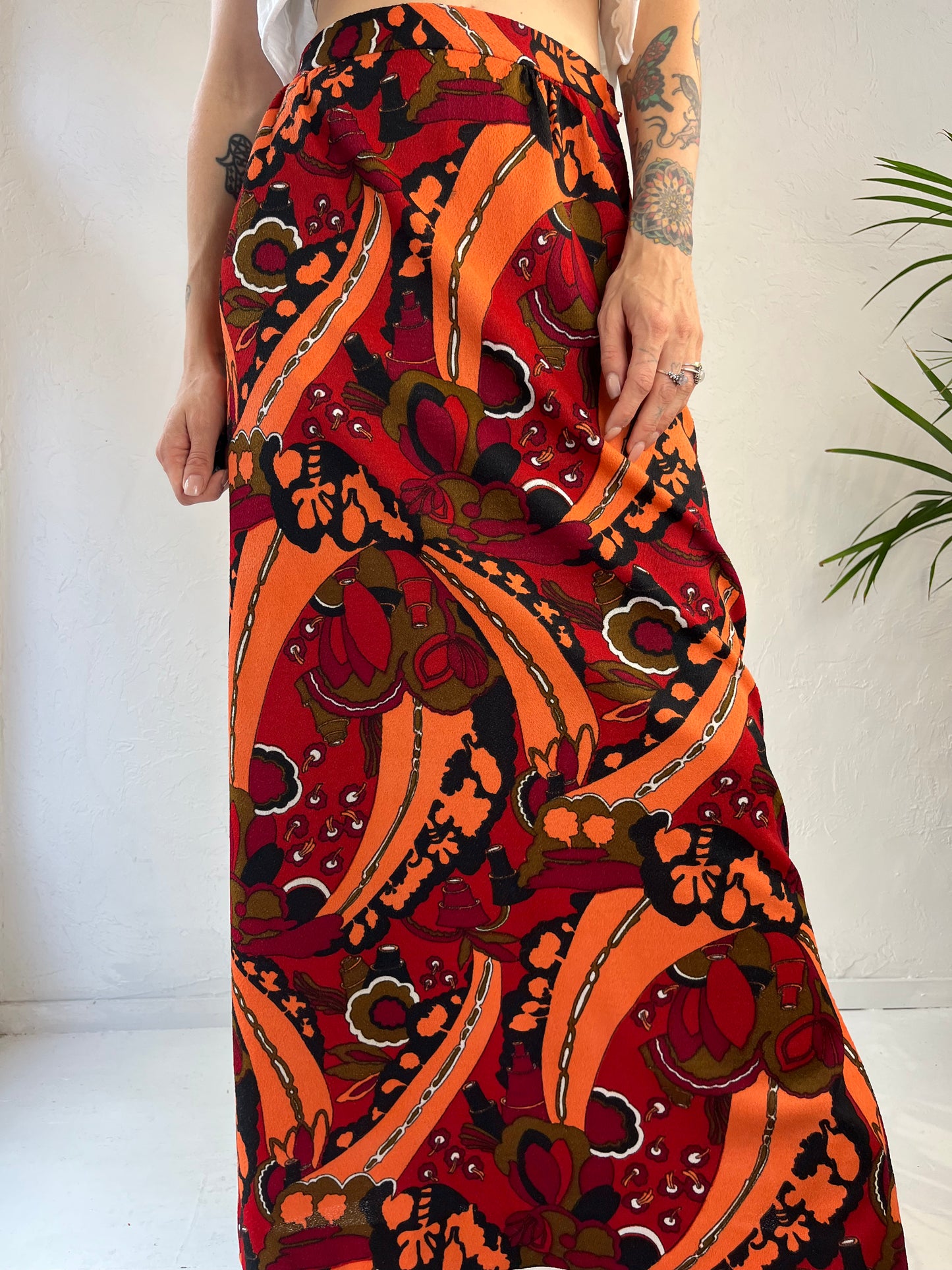 70s Orange Retro Print Midi Skirt / Small