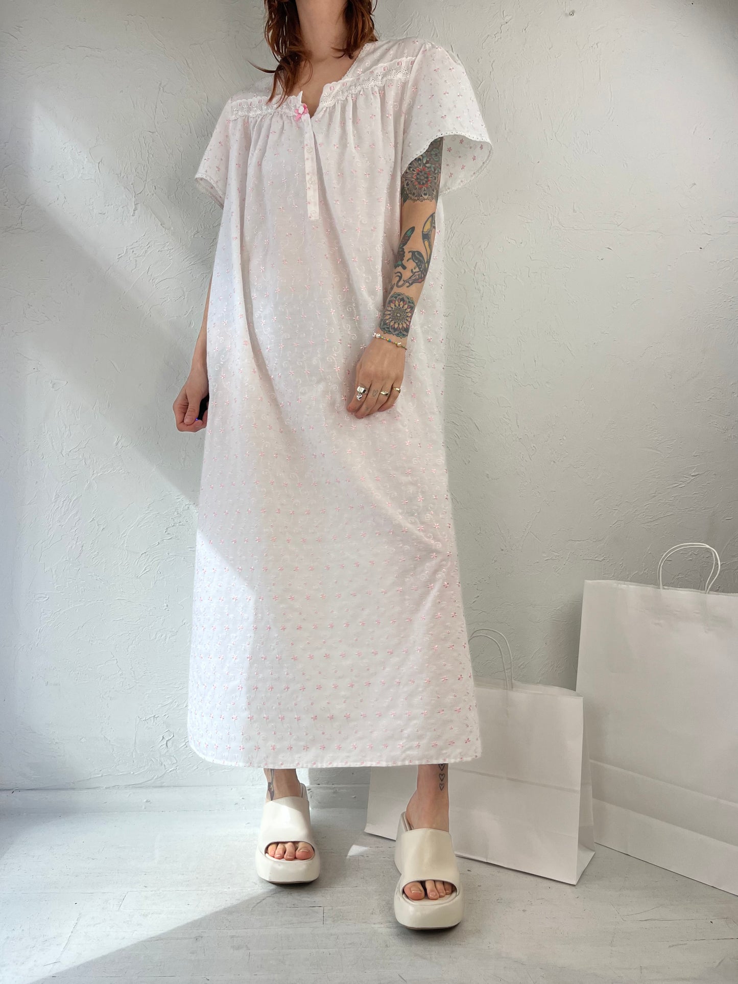 Y2k 'Marks & Spencer' White Pink Embroidered Dress / Large